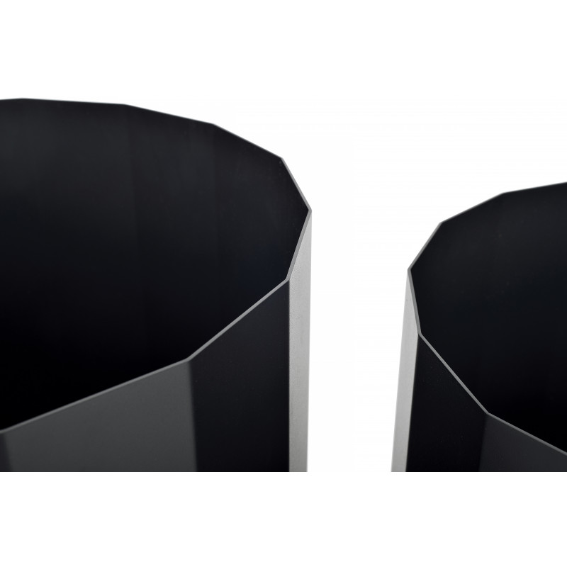 Dawn planter close-up showing faceted walls, fine upper edges and dark coated surfaces