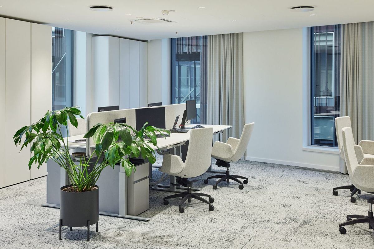Dark cylindrical planter on slender legs beside workstations in a light-filled office